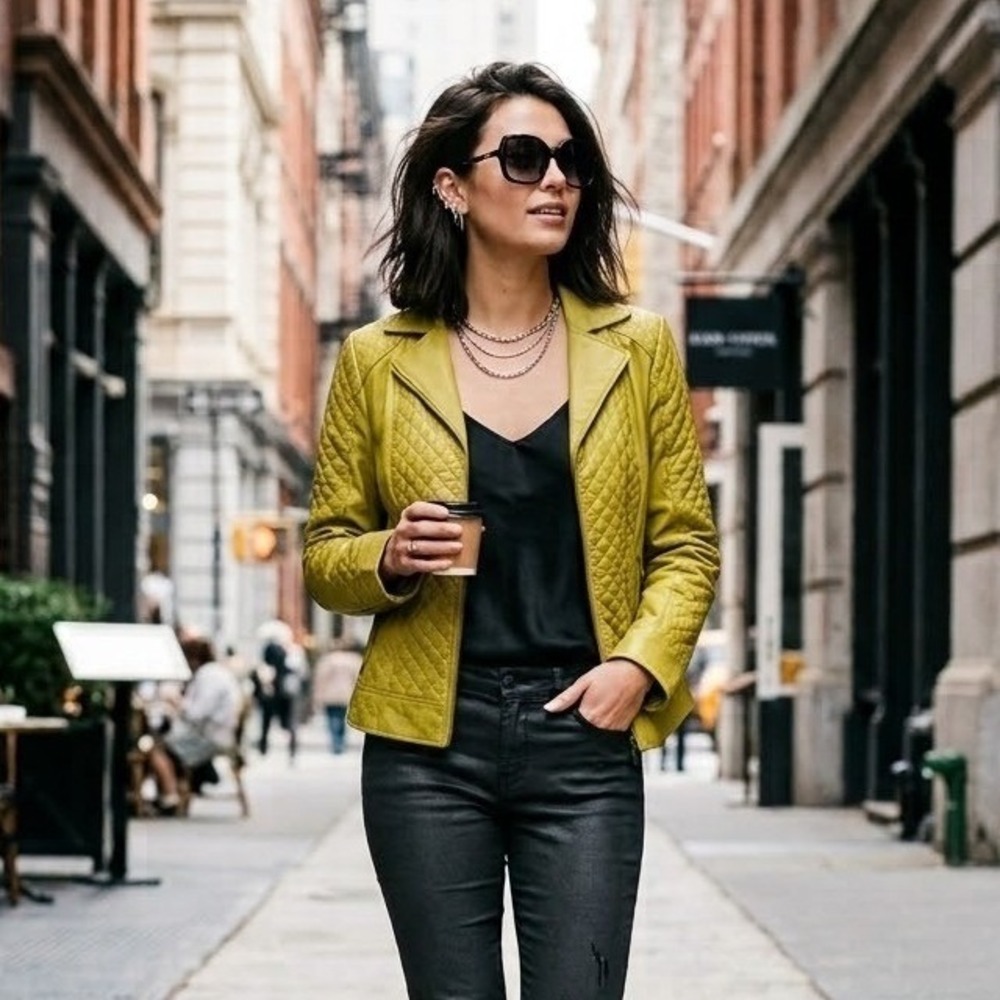 Bradley Bayou Quilted Leather Moto Jacket Chartreuse Yellow Green Size S